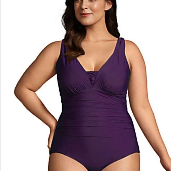 Land’s End Plus Standard Grecian Slenderize one piece soft cup Berry Various - Picture 3 of 4